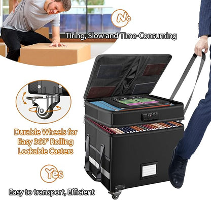 DocSafe Fireproof Document Box with Lock,2-Layer File Box with Wheels,Collapsible File Storage Organizer with Pockets,Large Portable Home Filing Cabinet for Hanging Folders,Black,16''x13.8''x12.2''