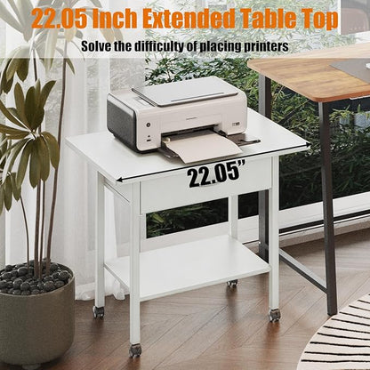 Large 22" x 15" Under Desk Printer Stand, 2-Tier Shelf Printer Table with Stronge Fabric Drawer and Wheels,Rolling Cart for Home Office Fits 3D Printer Scanner (White)