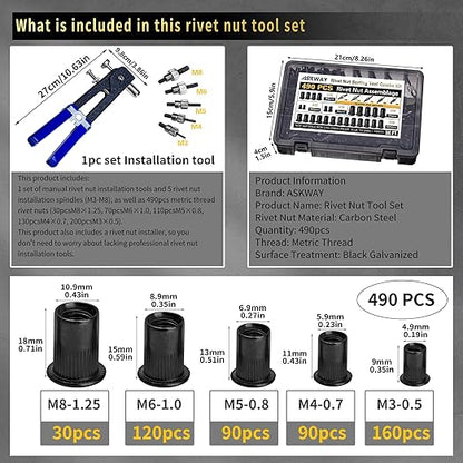 Rivet Nut Tool Kit, 490Pcs Black Zinc Metric Rivet Nut Combination (M8/M6/M5/M4/M3), Suitable for Automotive, Marine and Industrial Applications (Black 490PCS Rivet Nut Tool Kit)