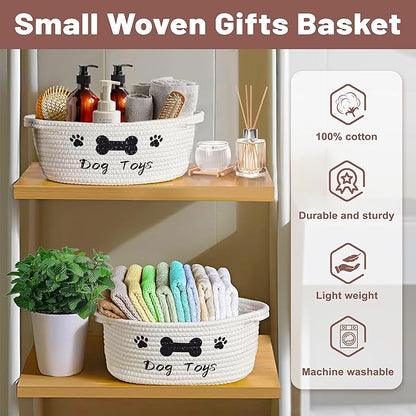Small Woven Dog Gifts Basket for Storage Empty Dog Toy Bins Organizer with Ribbons and Bags Durable Cute Pet Gifts 12"X 8" X 5" Small Rope Basket for Gifting