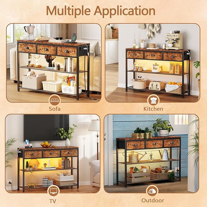 Furologee Console Table with Charging Station & 3 Fabric Drawers, 38'' Entryway Table with Storage Shelves and LED Light for Entry Way, Industrial Display Shelf for Hallway, Foyer, Rustic Brown | 3 Fabric Drawers, Storage Shelves, LED Light, Entry Way,...