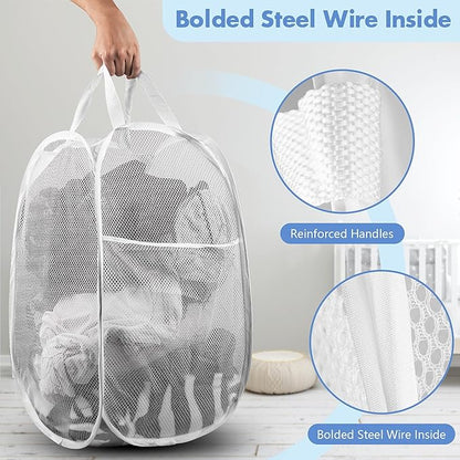 DUCOO Pop Up Hamper, 2 PCS Mesh Pop Up Laundry Hamper, Foldable Mesh Laundry Basket with Space Saving Design for Home, Dorm, Travel and Storage, White