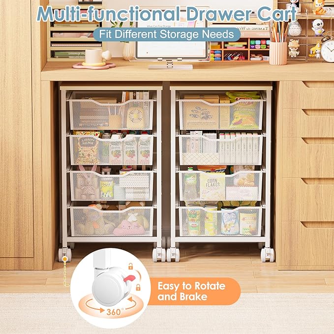 Utility Cart with 4 Drawers, Rolling Storage Cart, Metal Rolling Drawer Cart with Lockable Wheels and Wooden Tabletop, Craft Storage Art Cart for Living Room, Bedroom, Classroom, Office, White