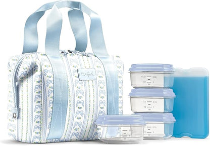 Fit & Fresh Neoprene Lunch Bag For Women, Insulated Womens Lunch Bag For Work, Tear & Stain Resistant Large Lunch Box For Women With Containers and Ice, Machine Washable Remi Bag, Blue Wallpaper Bows
