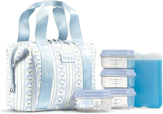 Fit & Fresh Neoprene Lunch Bag For Women, Insulated Womens Lunch Bag For Work, Tear & Stain Resistant Large Lunch Box For Women With Containers and Ice, Machine Washable Remi Bag, Blue Wallpaper Bows