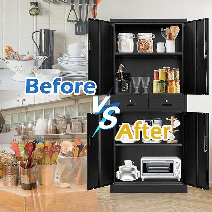 CMY Metal Storage Cabinet, 71" H x 32" W x 16" D Locking Storage Cabinet with Adjustable Shelves and 2 Drawers, Steel Cabinets for Office, Garage, Home, School, Utility Room(Black)