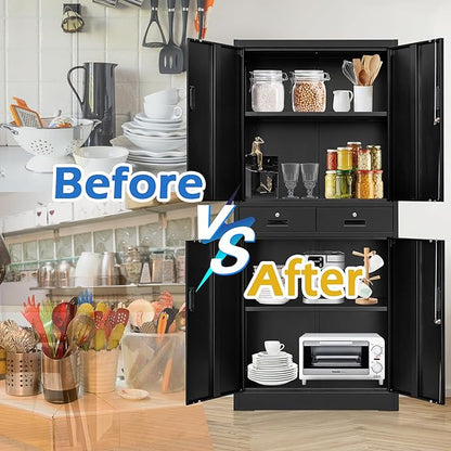 CMY Metal Storage Cabinet, 71" H x 32" W x 16" D Locking Storage Cabinet with Adjustable Shelves and 2 Drawers, Steel Cabinets for Office, Garage, Home, School, Utility Room(Black)