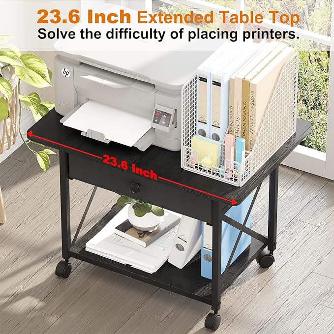 EasyCom 23.6" x 15.7" Under Desk Printer Stand with Storage Drawer, 2-Tier Shelf Desktop Printer Table for Desk with Wheels, Large Rolling Cart for Home Office Fits 3D Printer Scanner Black