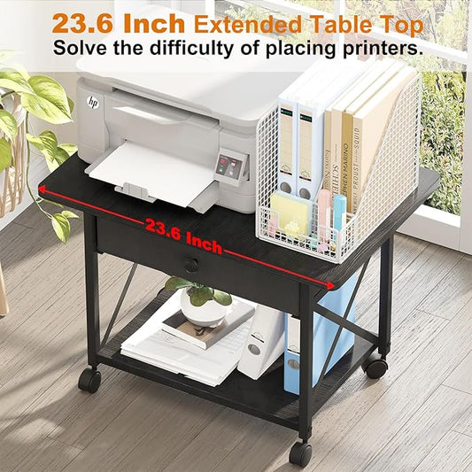 EasyCom 23.6" x 15.7" Under Desk Printer Stand with Storage Drawer, 2-Tier Shelf Desktop Printer Table for Desk with Wheels, Large Rolling Cart for Home Office Fits 3D Printer Scanner Black