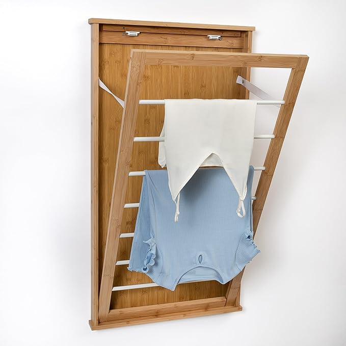 Wall-Mounted Clothes Drying Rack, Bamboo, Collapsible, 23 in W x 42 in H
