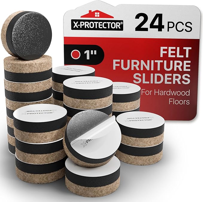 X-Protector Felt Furniture Sliders for Hardwood Floors 24 PCS 1” - Self-Adhesive Furniture Slider - Heavy-Duty Furniture Movers for Hard Surfaces - Felt Sliders - Move Your Furniture Easily!
