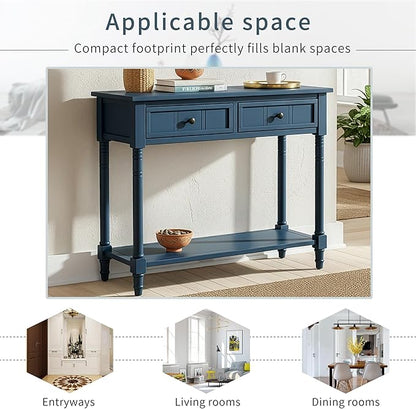 35.34" Console Table Traditional Design with Two Drawers and Bottom Shelf,Dark Navy