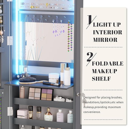 Vlsrka 47.2" LED Grey Jewelry Mirror Cabinet, Wall/Door Mounted Jewelry Armoire Organizer with Full-Length Mirror, Large Capacity Storage Hanging Cabinet, 4 Drawers, 5 Shelves