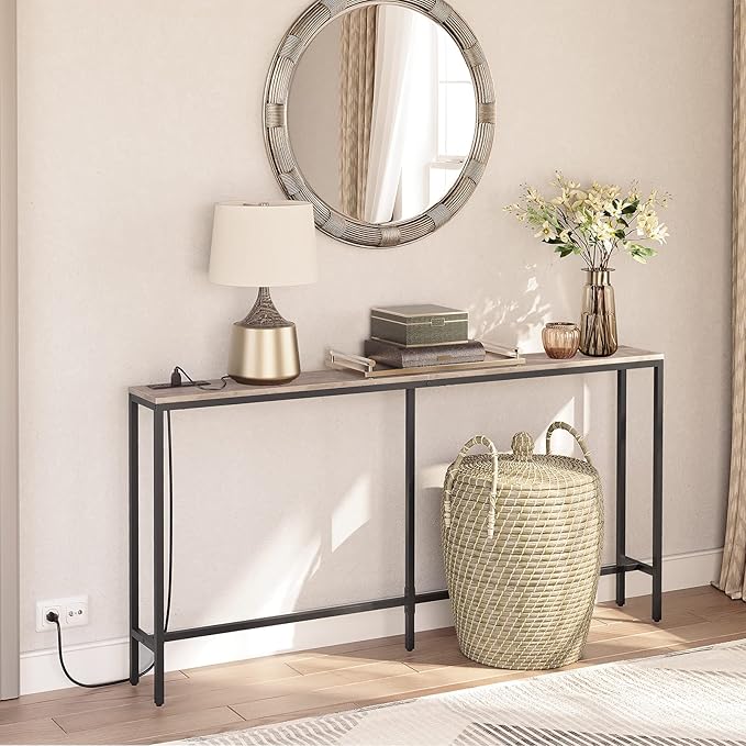 63" Console Table with Power Outlet, Narrow Sofa Table, Industrial Entryway Table with USB Ports, Behind Couch for Entryway, Hallway, Foyer, Living Room, Greige CTHG16E01Z1