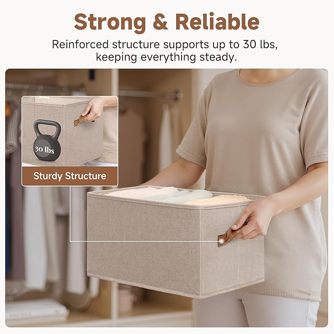 StorageWorks Shelf Baskets for Organization, Linen Closet Organizers and Storage Basket, Foldable Storage Bins, Closet Organizer Bins for Clothes, Brown & Beige, 3-Pack, Large