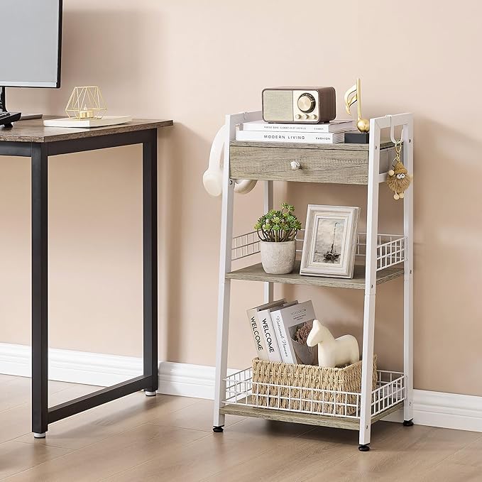 3-Tier Ladder Shelf with Drawer, Bathroom Table Stand for Small Space, Standing Bathroom Shelves with Storage for Living Room Kitchen Bedroom, Organizer Shelf, White