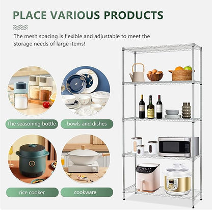 BestOffice | 5-Tier Wire Storage Shelves with Wheels | 14x30x60 | Chrome | Adjustable Racks | Heavy-Duty Metal Shelf, Holds Upto 220 lbs | No-Tool Assembly | Ideal for Home & Garage Shelving