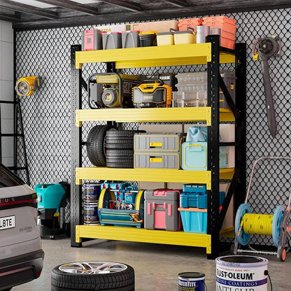 48" W Garage Storage Shelves, 3000LBS Garage Shelving Heavy Duty Adjustable Shelving Unit, 4 Tier Metal Utitly Shelves Industrial Shelving for Warehouses,Basement,Black Yellow