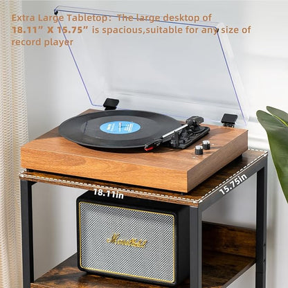 LELELINKY Large Brown Record Player Stand, 3 Tier 18" Wide Big End Table with Vinyl Storage Up to 130 Albums, Industrial Turntable Printer Tables, Modern Side Tables for Living Room, Bedroom, Office