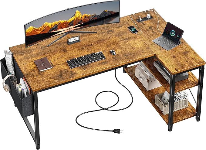 EnHomee 48" Small L Shaped Computer Desk with Power Outlets,Office Desk with Reversible Storage Shelves&Side Bag,Small Corner Desk for Working Space Home Office Bedroom,Study Writing Table,Brown