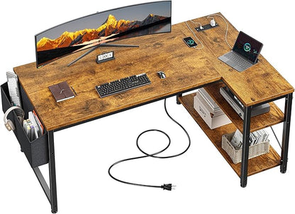 EnHomee 48" Small L Shaped Computer Desk with Power Outlets,Office Desk with Reversible Storage Shelves&Side Bag,Small Corner Desk for Working Space Home Office Bedroom,Study Writing Table,Brown