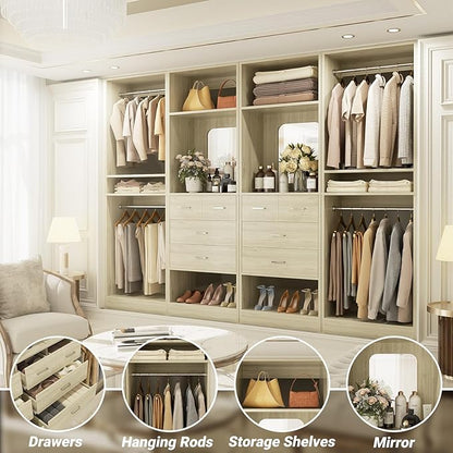 Unikito 100” Closet System with Drawers, 8.3FT Wood Closet Organizer with Hanging Rods and Mirror Design, Reversible Large Walk in Closets Tower Garment Racks with Shelves, White Oak