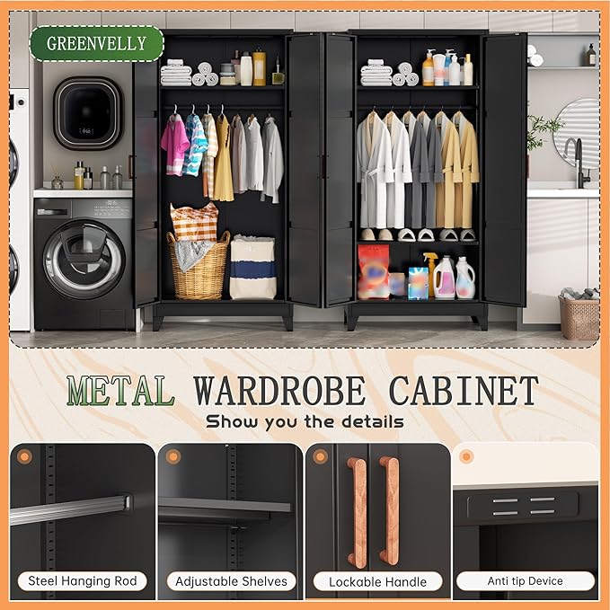 Bonusall 71" Metal Wardrobe,Steel Wardrobe Closet with Hanging Rod & Adjustable Shelves,Metal Storage Cabinet with 2 doors, Decorative Metal Closet with Handles for Bedroom,Home Office Entryway, Black