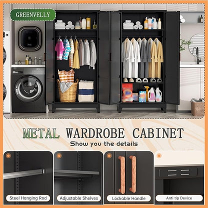 Bonusall 71" Metal Wardrobe,Steel Wardrobe Closet with Hanging Rod & Adjustable Shelves,Metal Storage Cabinet with 2 doors, Decorative Metal Closet with Handles for Bedroom,Home Office Entryway, Black