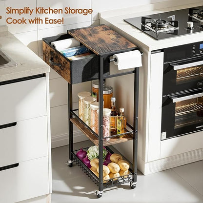 Lewondr Rolling Storage Cart with Drawers, 3-Tier Laundry Room Shelves, Sturdy Bathroom Organizer Shelf with Wood Top, Rolling Drawer Cart with Handle and Wheels for Kitchen, Office, Classroom, Black