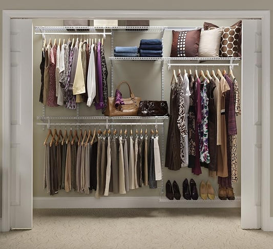 ClosetMaid ShelfTrack Wire Closet Organizer System, Adjustable from 5 to 8 Ft., with Shelves, Clothes Rods, Shoe Shelf, Hardware, Durable Steel, White