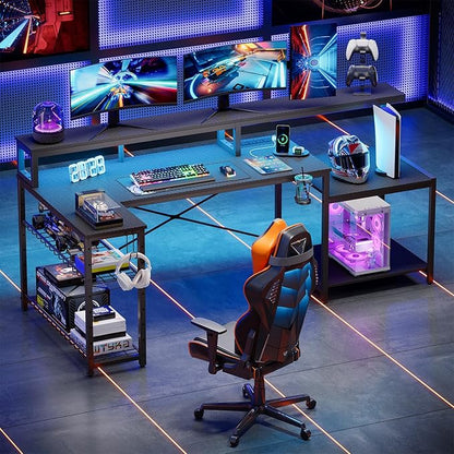 Bestier LED Gaming Desk with Power Outlets, 71 inch L Shaped Computer Desk with Monitor Stand, Large Desk with Printer Stand Adjustable Shelf, Cup Holder & Hooks, Home Office Desk Black