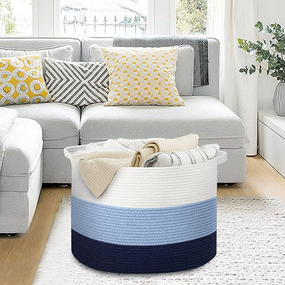 Large Kids Toy Basket, 22" x 14" Soft Woven Cotton Rope Basket, Toy Storage Bin for Kids, Big Baby Nursery Organization, Floor Stuffed Animal Storage, Blanket Pillow Holder for Living Room
