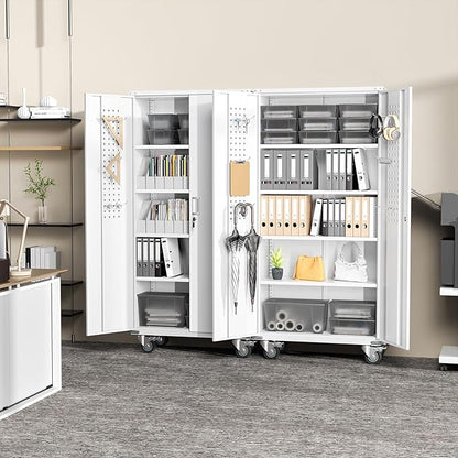 Greenvelly White Metal Storage Cabinet with Wheels, 73" Steel Garage Rolling Cabinet with Doors and 4 Shelves, Tall Locking Cabinets Tool Lockable Storage Cabinets for Basement, Pantry, Home Office