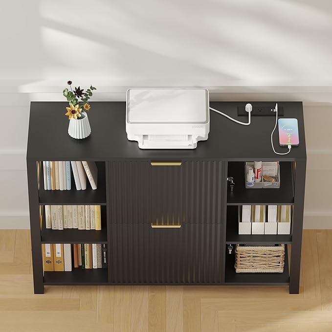 File Cabinet for Home Office, Fluted Filing Cabinet with Charging Station, 2 Drawers Fit Letter/Legal/A4 with Tabs, Printer Stand with Lock & 2 Power Outlets, 6 Shelves (2, Black)