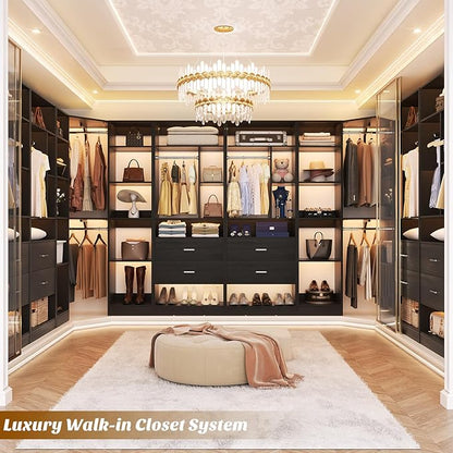 Corner Closet System with 2 Sets, 63.2" Corner Closet Organizer System with 2 Drawers + 18 Shelves + 3 Hanging Rods, Reversible L Shaped Walk-in Closets, Black (63.2" L x 39.2" W x 80" H)