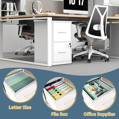 2 Drawer File Cabinet with Lock, Vertical Filing Cabinets for Home Office, Metal Storage Cabinet, Heavy Duty File Cabinet for Under Desk, Amsseble Required, White