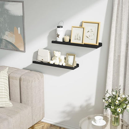 Love-KANKEI Floating Shelves Wall Mounted Set of 2, 24 Inch Wood Storage Wall Shelves for Bedroom Living Room Bathroom Kitchen Office and More Black
