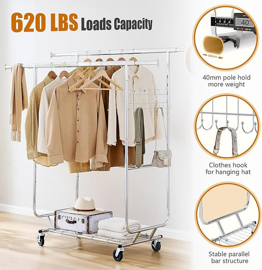 Heavy Duty Clothes Rack Load 620 Lbs, Double Rod Rolling Clothing Rack With Sturdy Wheel And Shelves，Adjustable Portable Hanging Rack For Clothes,Silver Stainless Steel