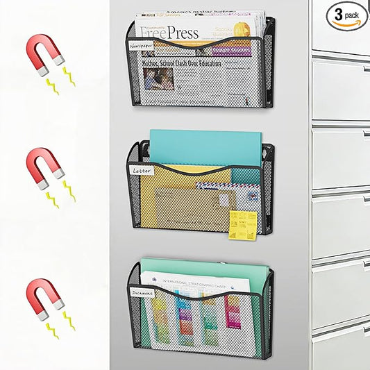 Magnetic Wall File Holder 3-Pack - Mesh Organizer with Strong Magnets for Office, Home & School - Space Saving Black Document Organizer