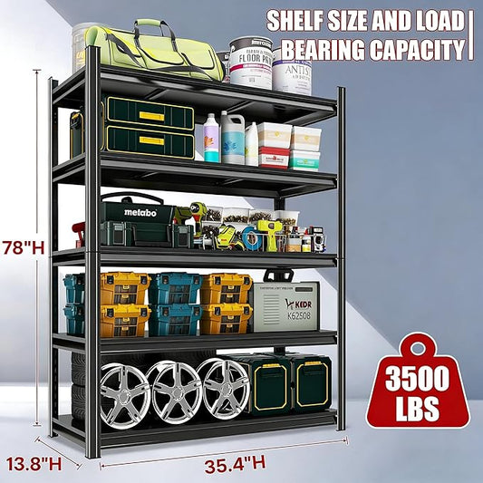 78''H x 35"W Metal Garage Shelving Unit, 5-Tier Garage Storage Shelves, Adjustable Upgraded Reinforced Double-Layer Columns for Basement Kitchen Laundry Room Pantry Rack 77.4''H x 35.4''W x 13.8''D