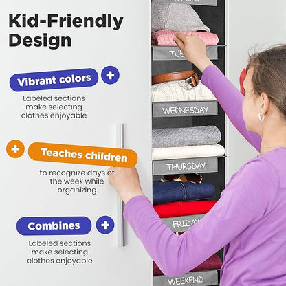Handy Laundry Hanging Clothes Organizer for Kids - 6-Shelf Closet Daily Clothing Organization Labeled Shelves with Days of The Week Monday Through Friday, Weekday and Weekend (Grey)