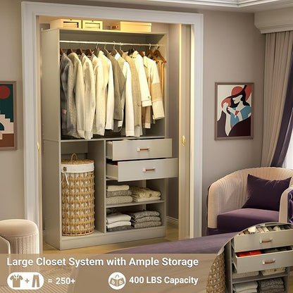 Armocity Freestanding Closet System with Suitcase Storage, 40 Inches Stand-alone Wardrobe with 2 Wood Drawers, 80'' Height Adjustable Cloth Garment Rack, Walk-in Closet with Hanging Rod, Grey