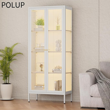 Display Cabinet with 3 Color LED Lights and Tempered Glass, 66 Inch Tall Curio Cabinet with 3 Side Glass, White Display Case for Collectibles, Lighted Cabinets for Living Room- Assemble Required