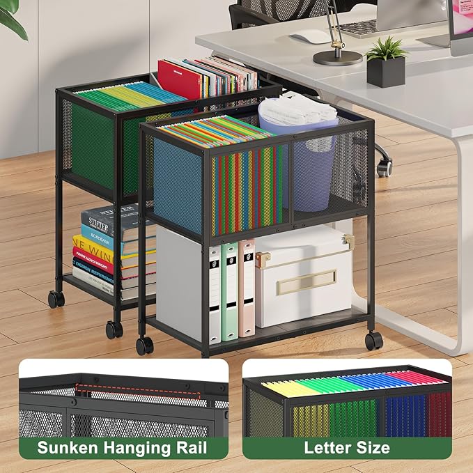 Rolling File Cart, Mobile File Cabinet with Wheels Hanging Files, Metal Hanging File Folder Cart File Organizer Fit Letter Size for Home Office, Black