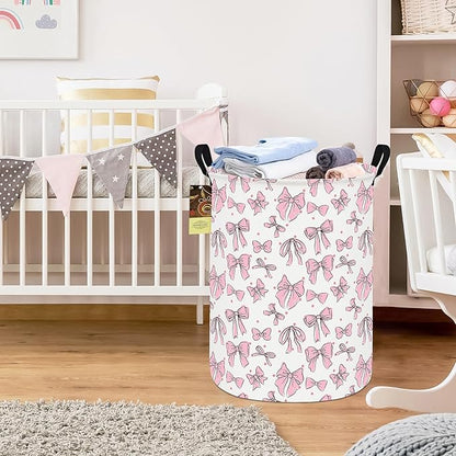 HUNRUNG Laundry Hamper,Large Canvas Fabric Lightweight Storage Basket Toy Organizer Dirty Clothes Collapsible Waterproof for College Dorms（Round-Pink Bow）
