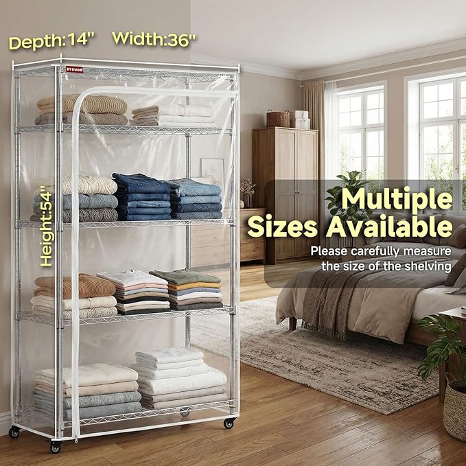 Clear PVC Shelf Cover, 36" W x 14" D x 54" H, 3-Way Opening Rack Cover with Two-Way Zippers, See-Through Waterproof Shelving Enclosure for Laundry Room, Kitchen & Garage