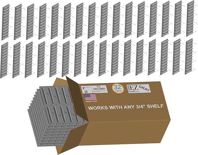 Made in USA | EZStudRack Adjustable Between Stud Shelf Bracket | Shelf Brackets for Wall Mounted Shelf | Shelving Brackets for Home | Garage Shelf Brackets- Wood Not Included- 32Pack (16 Pair) Gray