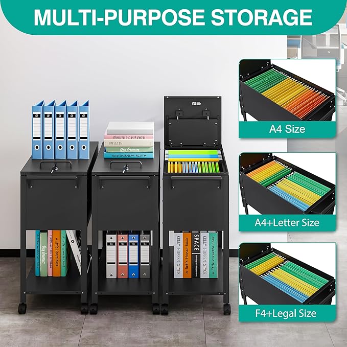 Rolling File Cart with Wheels Hanging Files,Rolling File Cabinet Organizer,Rolling Hanging File Folder Cart on Wheels,Metal Filing Cart,Fit A4/F4/Letter/Legal File for Home Office (Black)
