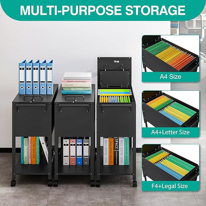 Rolling File Cart with Wheels Hanging Files,Rolling File Cabinet Organizer,Rolling Hanging File Folder Cart on Wheels,Metal Filing Cart,Fit A4/F4/Letter/Legal File for Home Office (Black)
