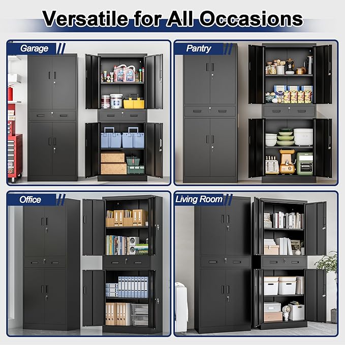 BESFUR Metal Storage Cabinet with a Drawer 4 Doors and 2 Adjustable Shelves Garage Storage Cabinet with Lock 71" Office Storage Cabinets Locking Cabinets for Garage Office Shop Home (Black)
